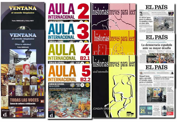 スペイン語学習教材、基礎文法VENTANA1,2 応用文法書籍,会話朗読教材、スペイン語新聞EL PAIS